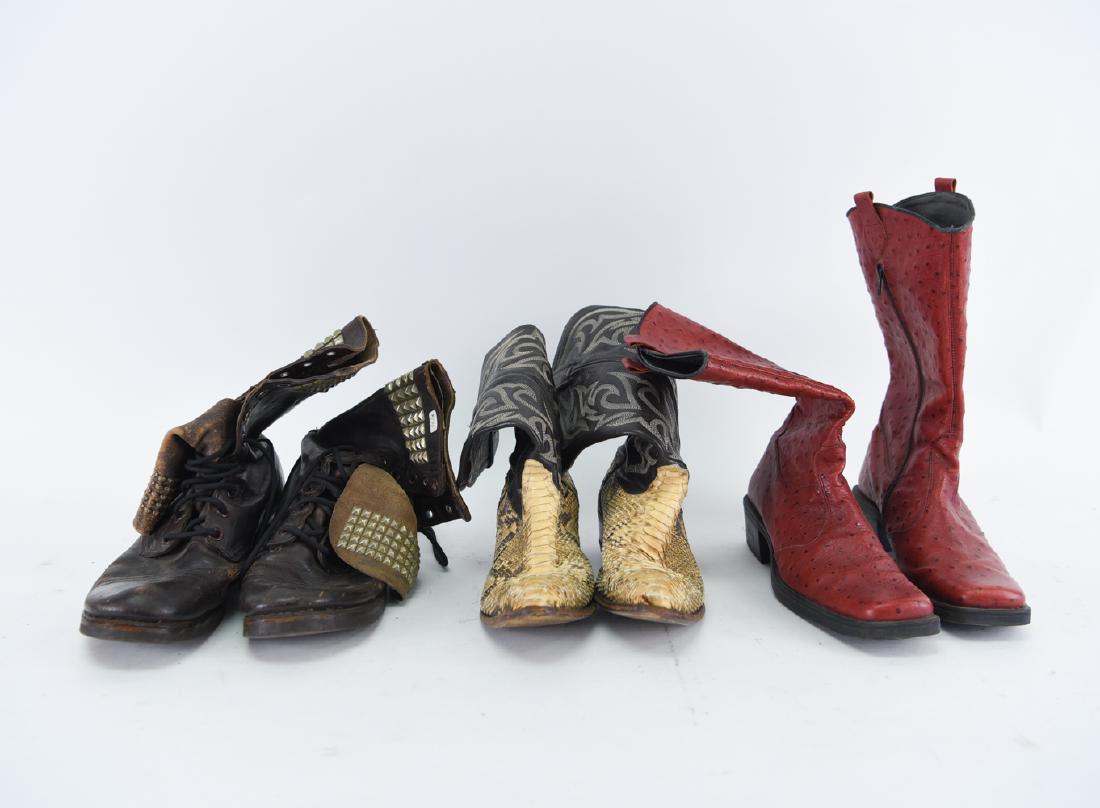 GROUPING OF VINTAGE BOOTS: Three pairs. Including Italian red ostrich, rattlesnake, and studded. Dimensions: Sizes unknown, different sizes. Condition: Used, worn.