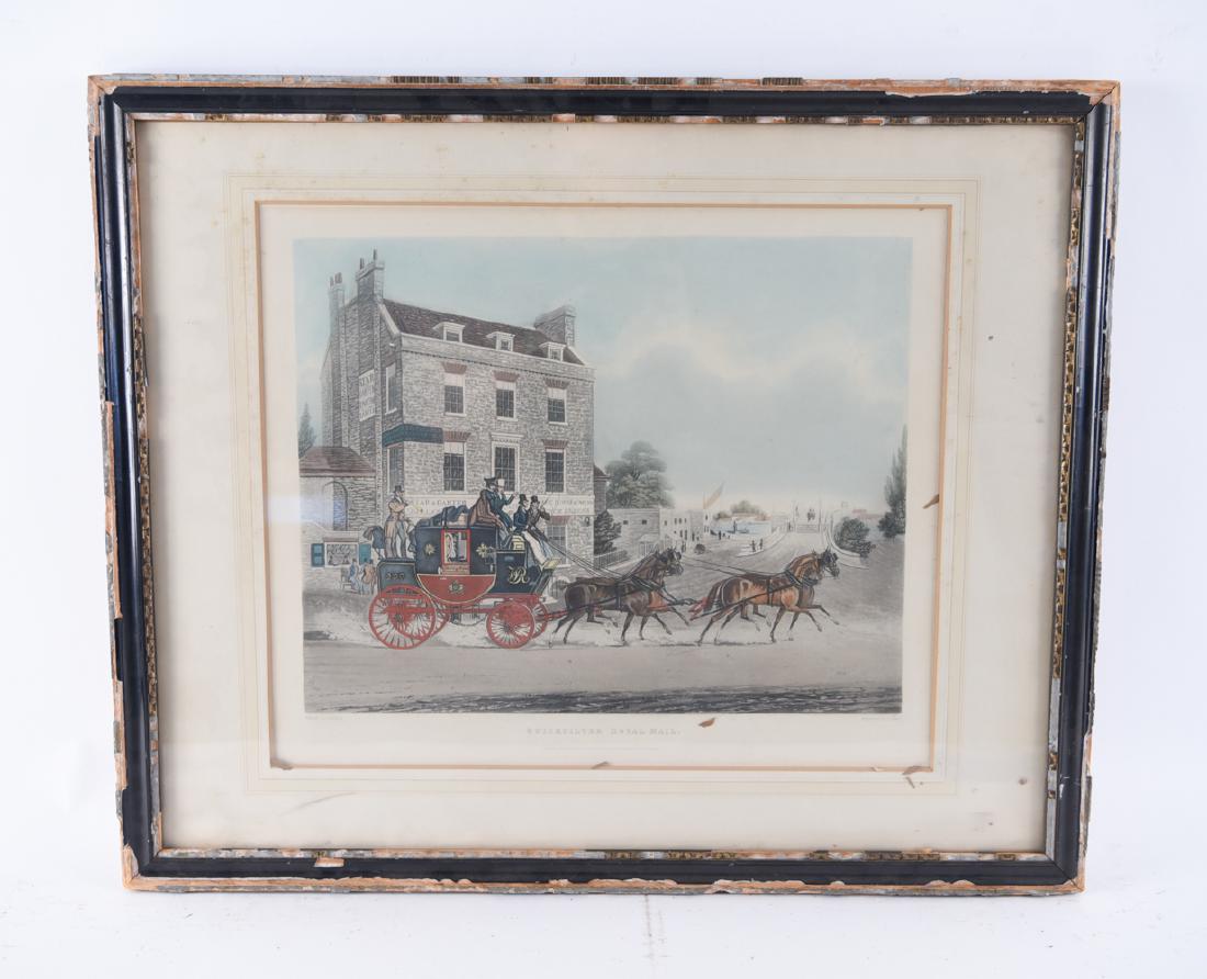 C. HUNT AFTER J. POLLARD COACHING AQUATINT: Hand colored aquatint. Titled "Quicksilver Royal Male." Published 1835. Dimensions: (Frame) H 23.25" x W 28", (Sight) H 16" x W 19" Condition: Paper lightly age toned. Frame with losses. Mat toned.
