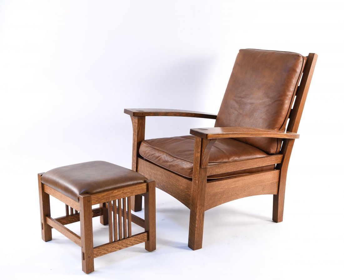 STICKLEY LOUNGE CHAIR & OTTOMAN: Dimensions: (Chair) H 39" x W 32" x D 30.5" x SH 17.5" Condition: Very minor wear consistent with age and use.