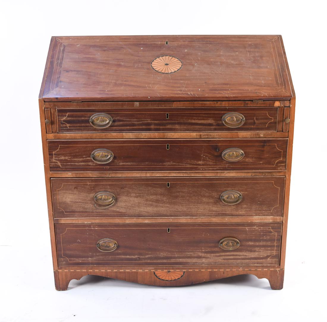 SHERATON SECRETARY: From the Anton Otto Fischer Estate (Illustrator of Moby Dick & 10,000 Leagues Under The Sea!) Dimensions: H 42" x W 38.75" x D 18.25" Condition: Finish wear, surface scratches, losses to veneer, chips