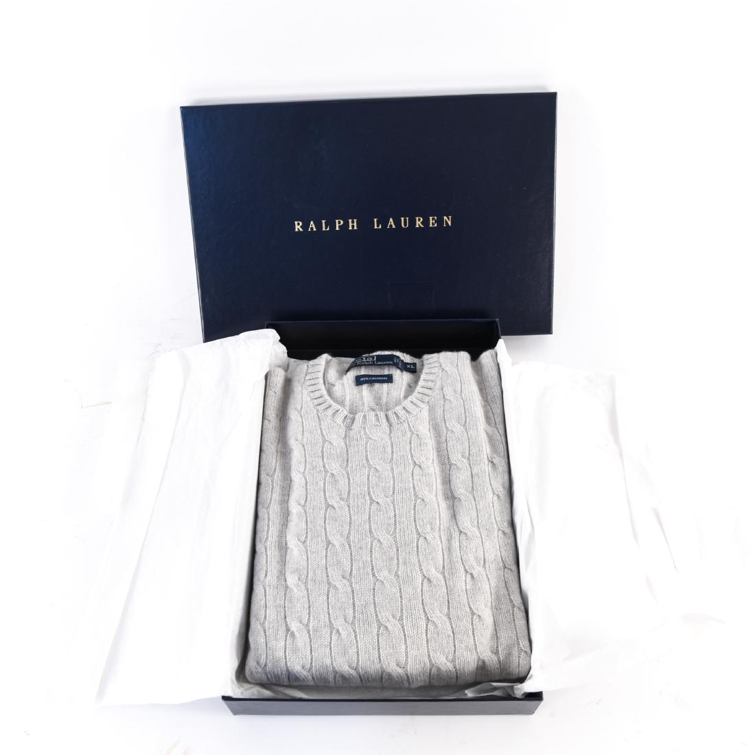 RALPH LAUREN GREY CASHMERE SWEATER: In original box. Size XL. Dimensions: (Box) H 2.5" x W 15.75" x D 10.25" Condition: Like new.