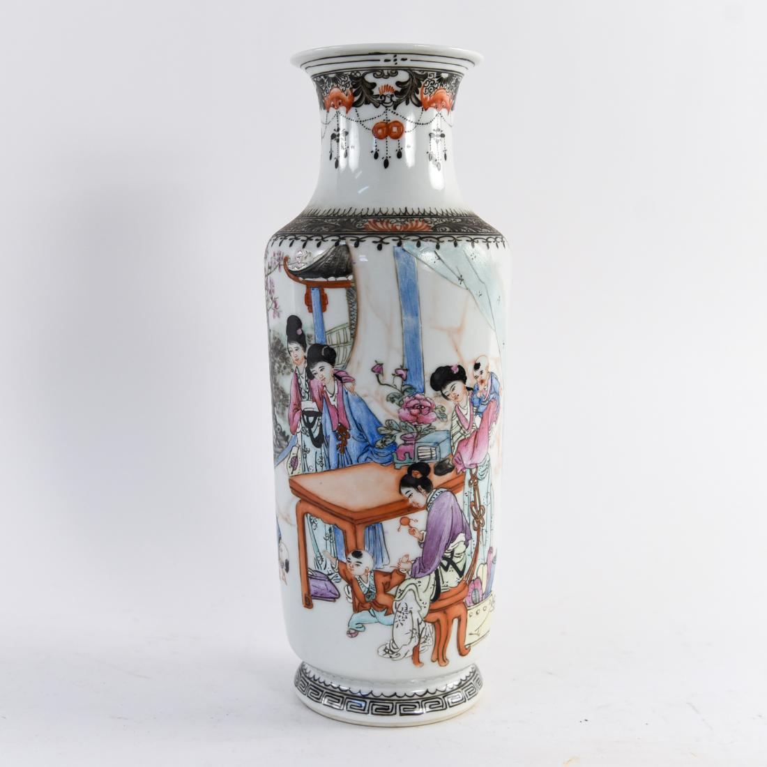 20TH C. CHINESE ENAMEL PAINTED VASE: Red seal underneath, red seal on side. Finely detailed. Dimensions: H 13" x Dia. 4.75" Condition: Small chip on rim. Provenance: From the estate of descendants of George W. De Long, Lt. Commander of t