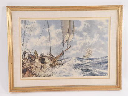 MONTAGUE DAWSON EIGHT BELLS SHIP PRINT: Dimensions: (Frame) H 29.5" x W 39.5", (Sight) H 21" x W 30.75" Condition: No issues to note.