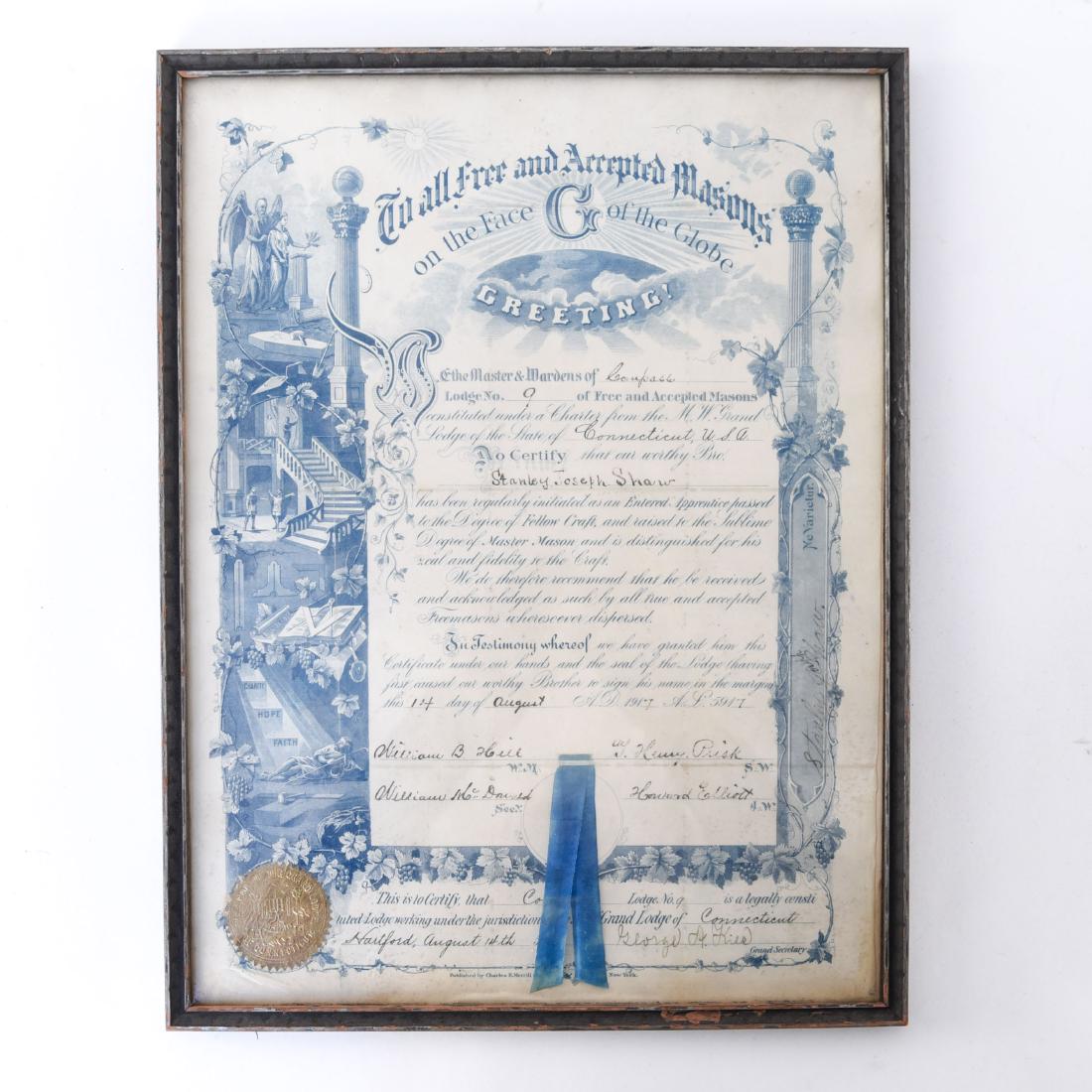MASONS CERTIFICATE: Dimensions: (Frame) H 16.5" x W 12.5" Condition: Frame wear.