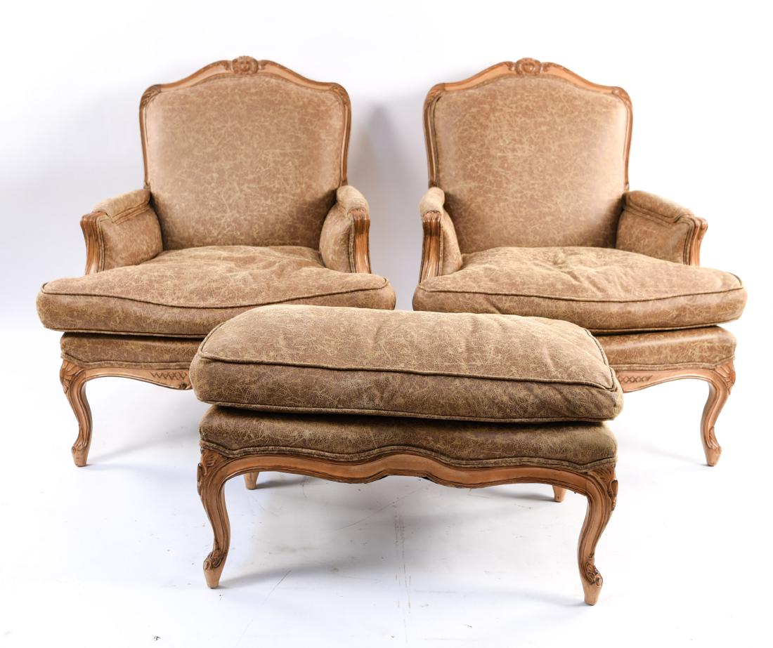 PAIR FRENCH STYLE BERGERE CHAIRS & OTTOMAN