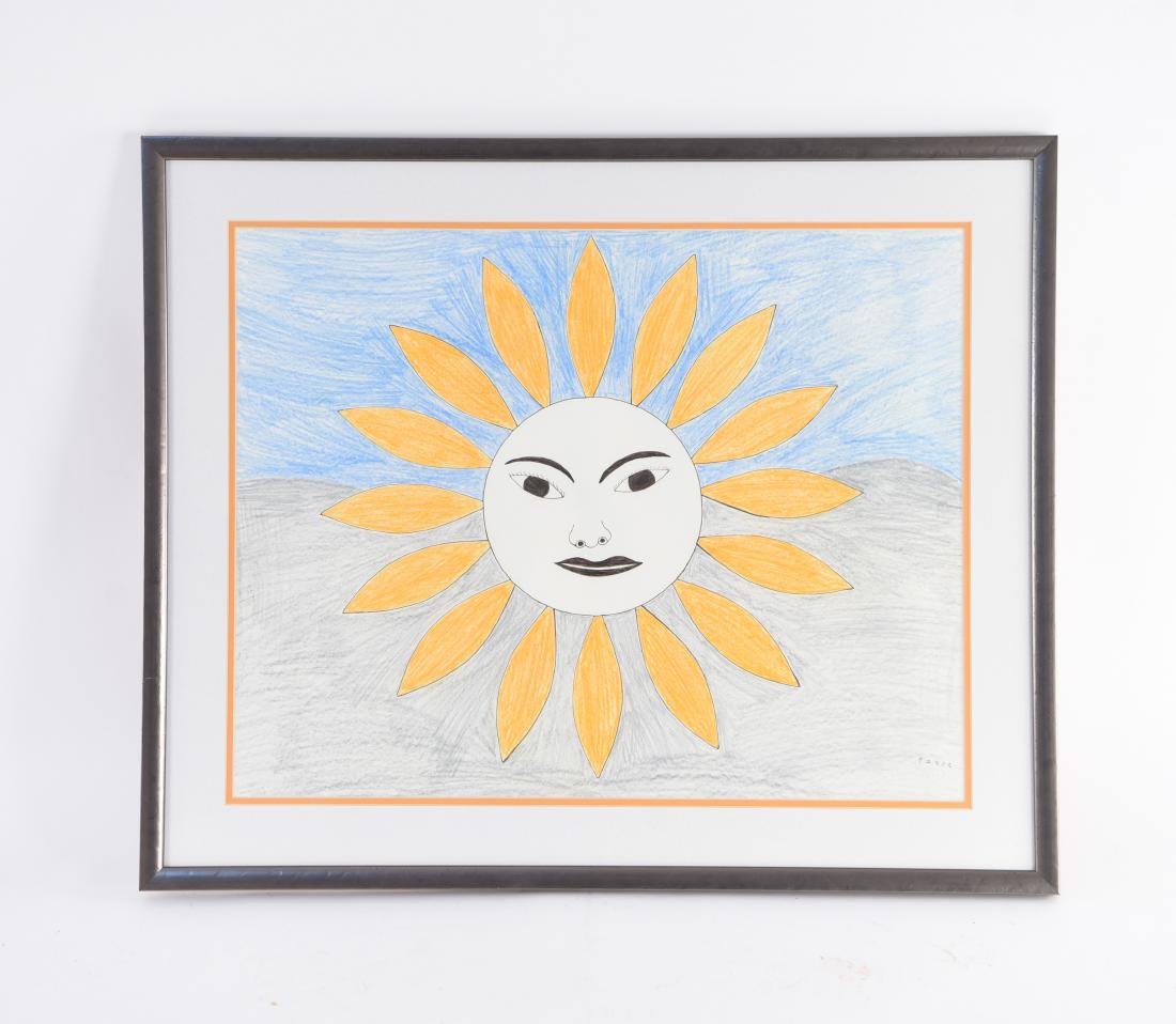 CARIBBEAN SUN DRAWING: Signed lower right. Cayman Island framer. Dimensions: (Frame) H 25.75" x W 31.25", (Sight) H 19.5" x W 24.75" Condition: Few rubs to the frame. Provenance: From a Greenwich, CT estate.