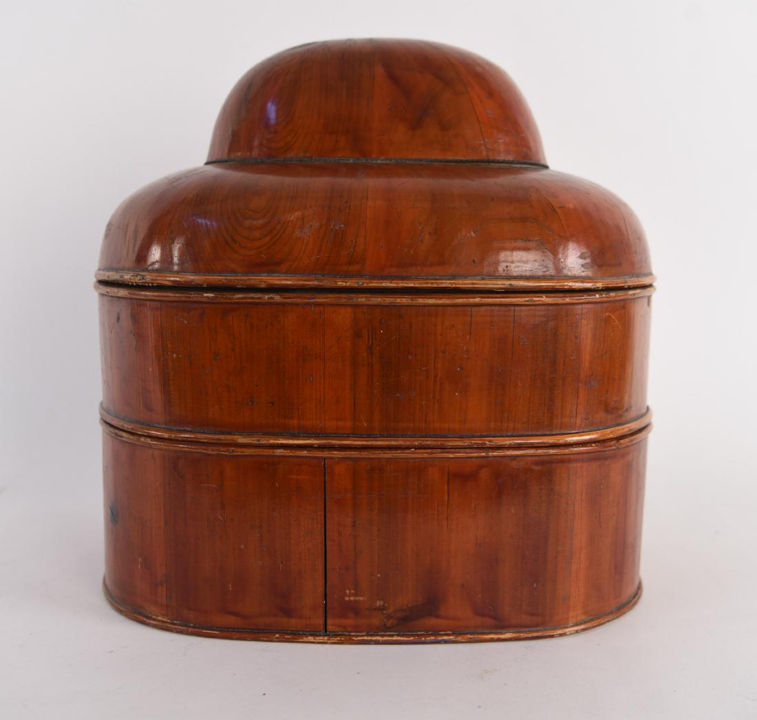 JAPANESE STACKING BOXES: Marked on interior of lid and under bottom box. Dimensions: H 14.5" x W 14.5" x D 12.5" Condition: Showing finish wear and natural stress cracks consistent with age and use. Provenance: From a Greenwi