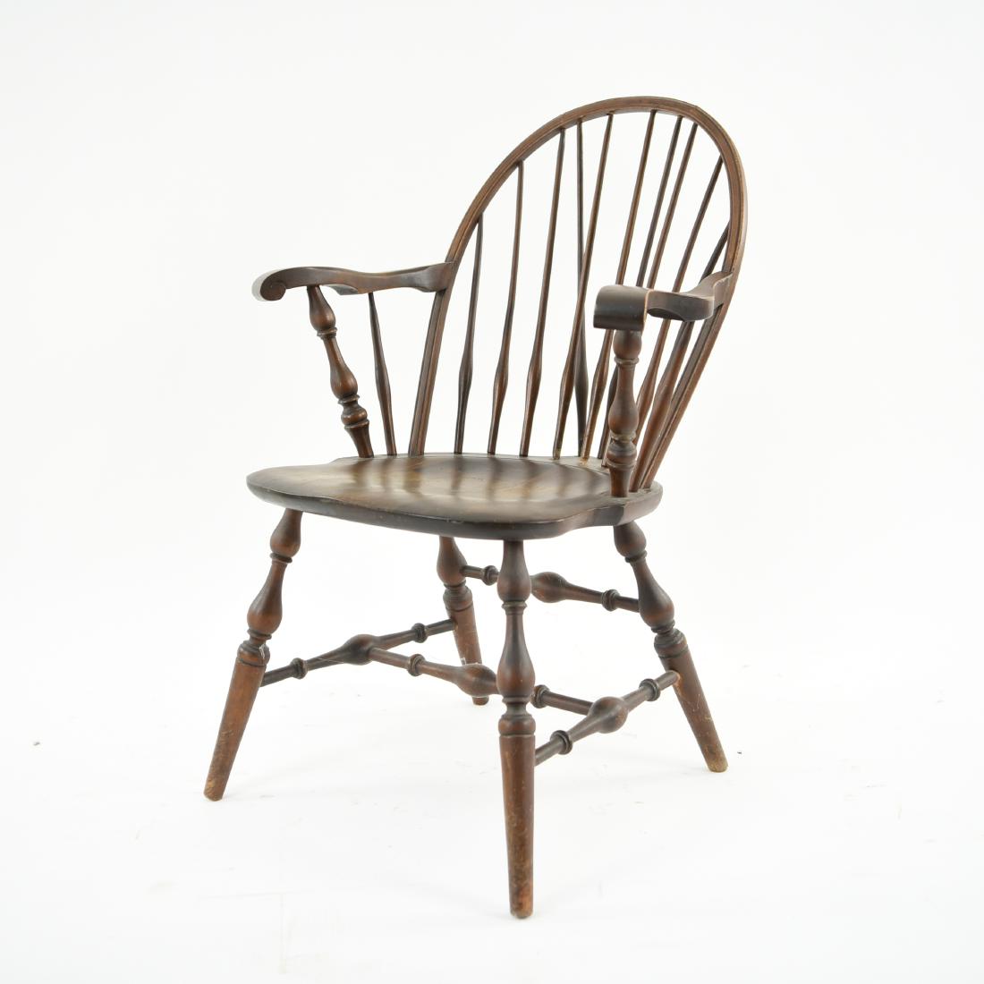 WINDSOR STYLE CHAIR: Dimensions: H 35.5" x W 25.5" x D 20" x SH 17.5" Condition: Some finish wear. One spoke disconnected from top, few other loose. Provenance: From the estate of descendants of George W. De Long, Lt. Com