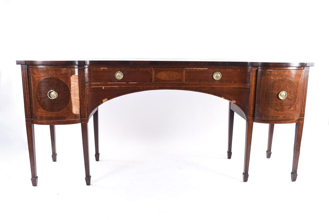 MAHOGANY SIDEBOARD FOR RESTORATION: Dimensions: H 37.75" x W 84.5" x D 25.25" Condition: As is, heavy losses to veneer. Finish wear and water stains.