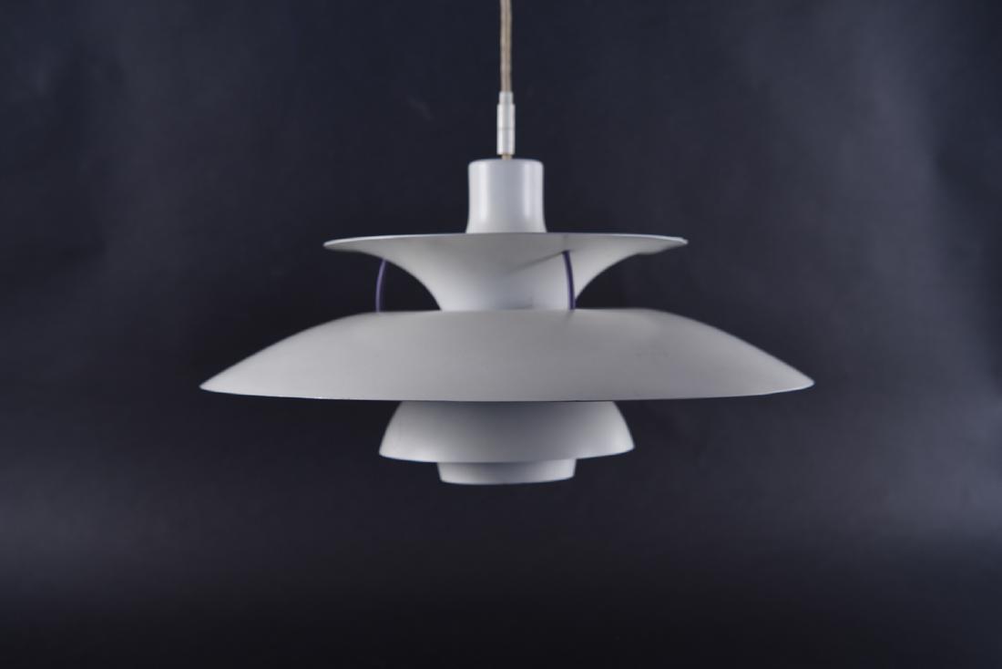 LOUIS POULSEN WHITE PH5 PENDANT LAMP: Dimensions: H 10.5" x Dia. 20" Condition: Few light scratches, some dings, slight bends to some edges.