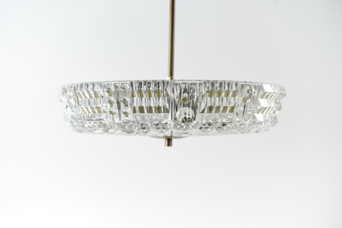 CARL FAGERLUND FOR ORREFORS PENDANT CHANDELIER: Dimensions: H 18.5" x Dia. 14.5" Condition: In working condition. Showing some wear and tarnishing to brass finish. Couple slight bends to ceiling cup. Wear consistent with age and use. D004