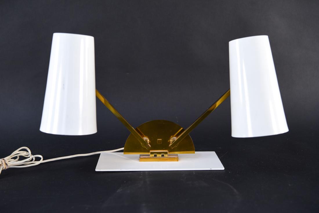 MID-CENTURY DOUBLE ARTICULATED TABLE / PIANO LAMP: Dimensions: H 13.5" x W 11" x D 9"Condition: Not tested. Showing overall light wear.