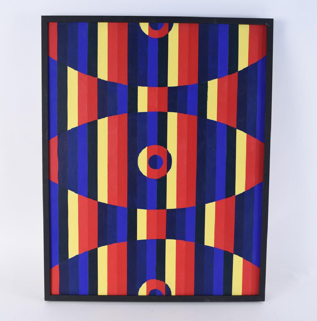 HARD EDGE ABSTRACT OIL ON CANVAS: Unsigned on front. Signed Dom Colangelo on stretcher. Dimensions: (Frame) H 29" x W 23", (Sight) H 27.75" x W 21.5" Condition: Showing some light wear to the frame.