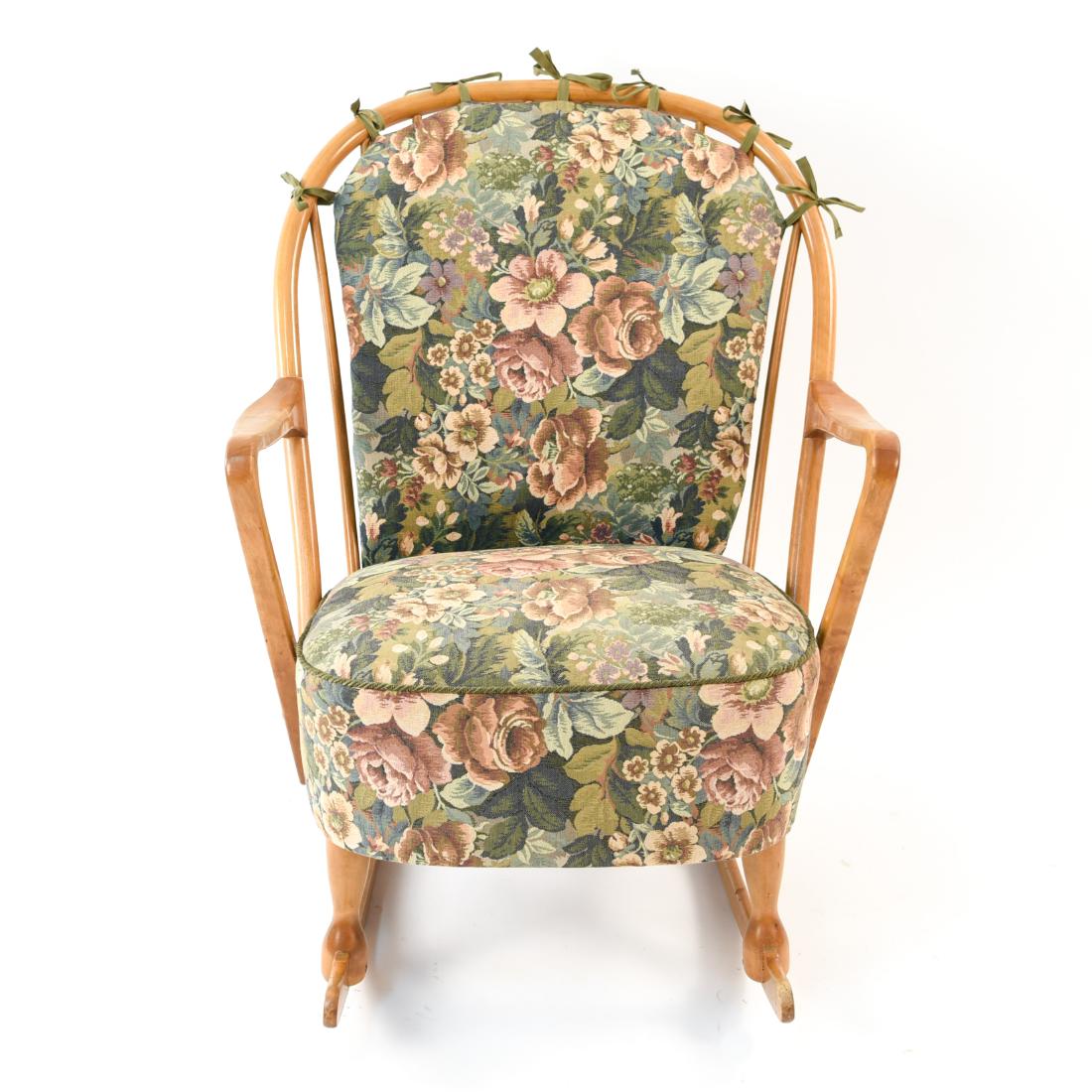SWEDISH MID-CENTURY LENNART ROCKING CHAIR: Dimensions: H 32.5" x W 27.5" x D 27" x SH 17" Condition: Scratches, scuffs, and wear to wood from use. Slight fading to upholstery. Wear consistent with age and use. D191