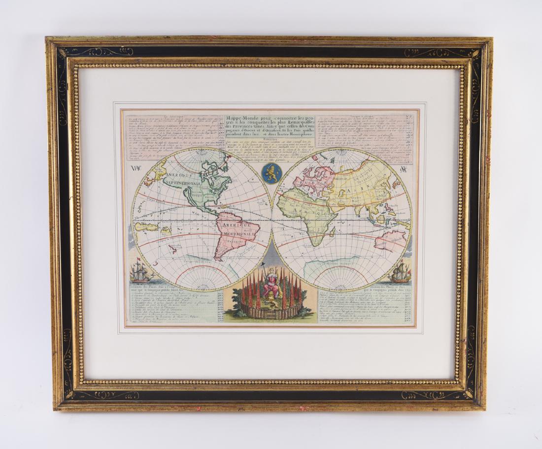 CALIFORNIA AS ISLAND MAP OF THE WORLD 1719: "Mappe-Monde pour connoitre les progres et les conquestes les plus Remarqables des Provinces-Unies..." Published in Amsterdam, 1719. Hand colored engraving with center fold. Map depicts the progress o