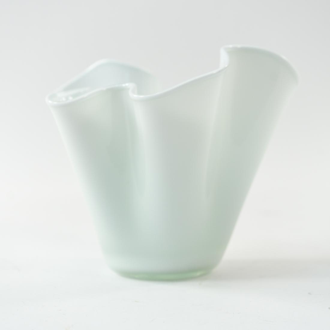 WHITE RUFFLED GLASS VASE: Dimensions: H 8.25" x W 9.25" x D 9.25" Condition: Wear consistent with age and use. D043