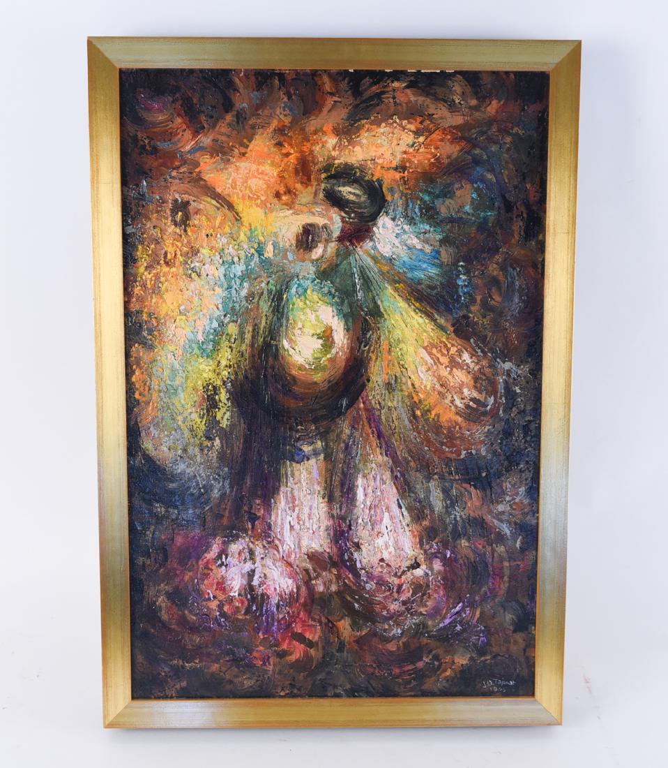 MID CENTURY ABSTRACT SIGNED, J.D. TAJONAR: Oil on canvas painted with impasto. Signed lower right corner. Dimensions: (Frame) H 25.25' x W 17.5" (Painting) H 23.5' x 15.5" Condition: No issues to note.