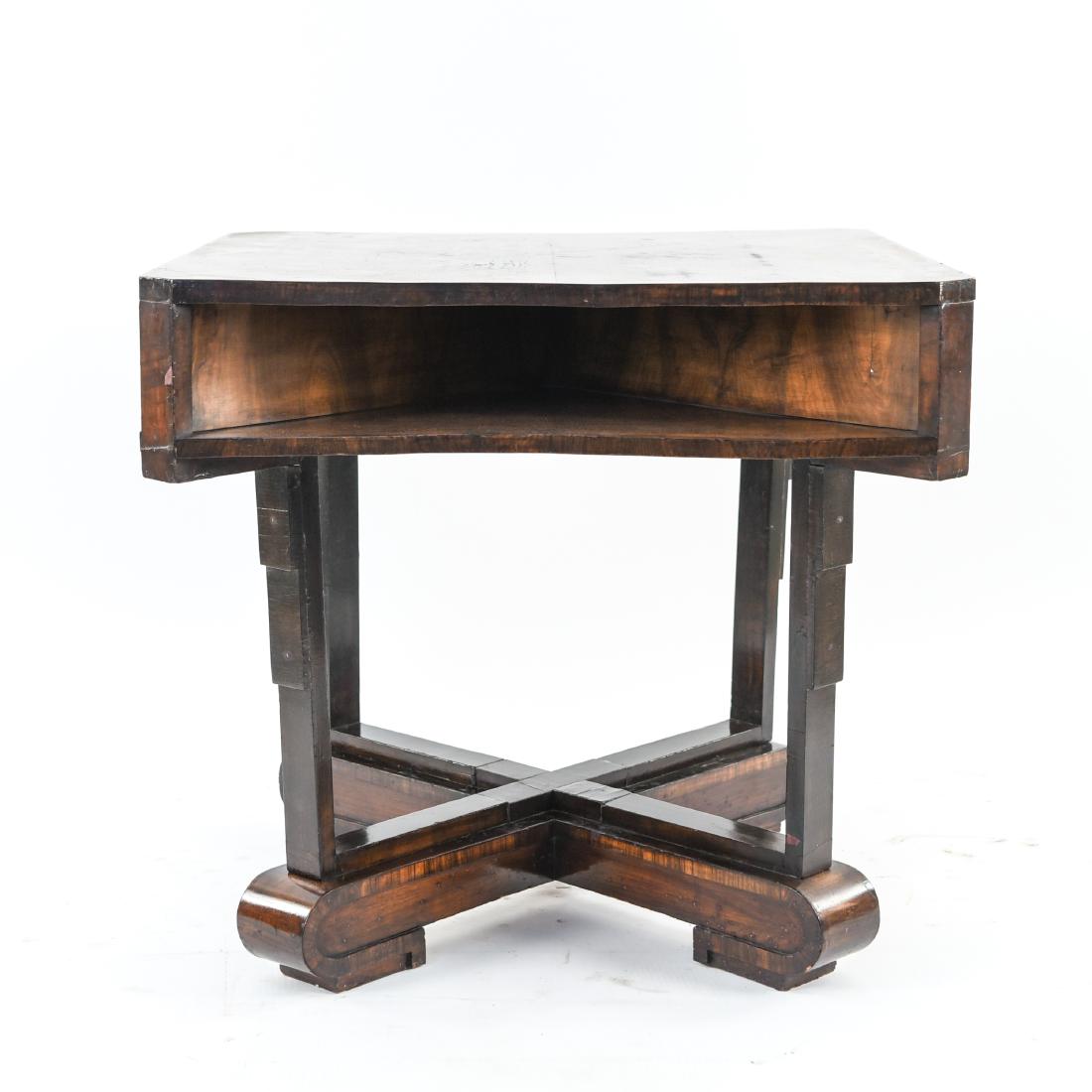 ART DECO PERIOD TABLE: Possibly Fritz Gross. Mahogany veneer. Dimensions: H 29.5" x W 31.5" x D 31.5" Condition: Some varnish crazing. Edge nicks and wear. Top lightly faded.