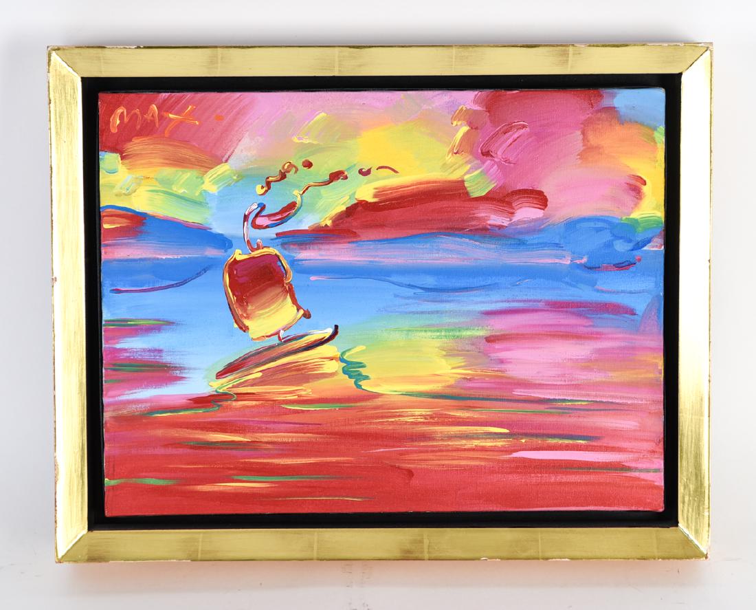 PETER MAX, GERMAN / AMERICAN (b1937): Oil on canvas signed upper left. Acquired directly from the artist. Dimensions; (Frame) H 14.50" x W 18.50" (Canvas measures) H 12" x W16" Condition: Some small frame damages.