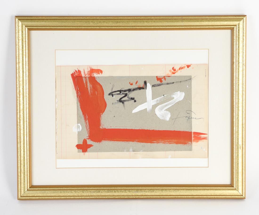 ANTONI TAPIES, SPANISH (1923 - 2012) COLLAGE: Collage with gouache. Signed left center. Dimensions: (Frame) H 16.25" x W 20.25", (Sight) H 8.5" x W 13.25" Condition: Ledger sheet toned.