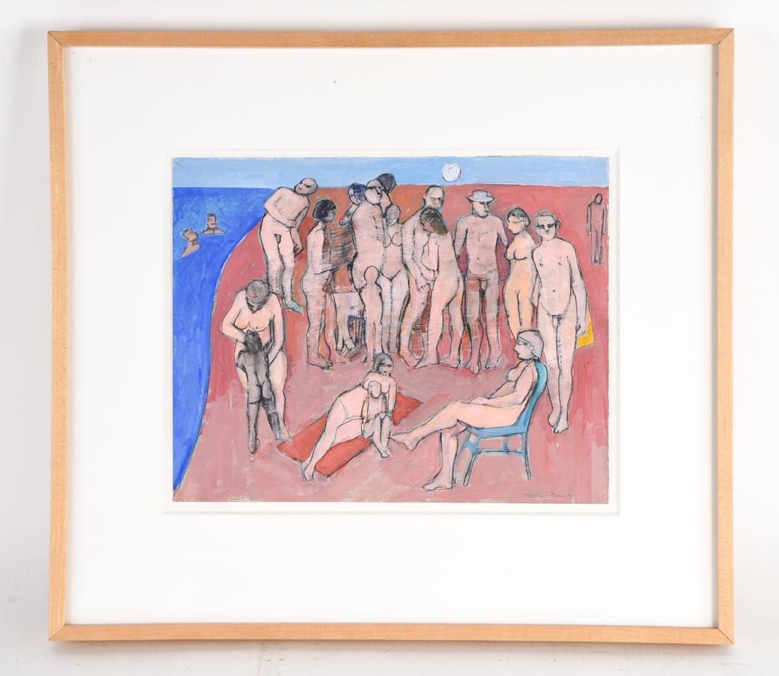 WILLIAM THEOPHILUS BROWN (1919 - 2012): Gouache on paper. Pencil signed lower right. With label of Koplin Gallery, Santa Monica giving titled as "Beach Scene." Dimensions: (Frame) H 20.25" x W 22.5", (Sight) H 11.5" x W 14.25" Condition: Fl