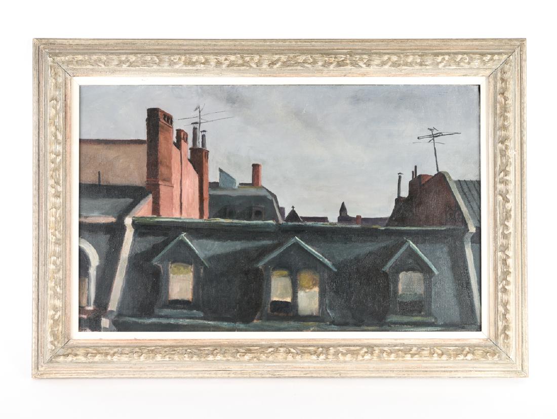 1940S ROOF TOP OIL ON CANVAS: Unsigned. Name of Robert (Bob Arnold) on frame and stretcher. R. Arnold in white chalk on canvas. Dimensions: (Frame) H 21.75" x W 31.75", (Canvas) H 16.25" x W 26.25" Condition: A few small surface s
