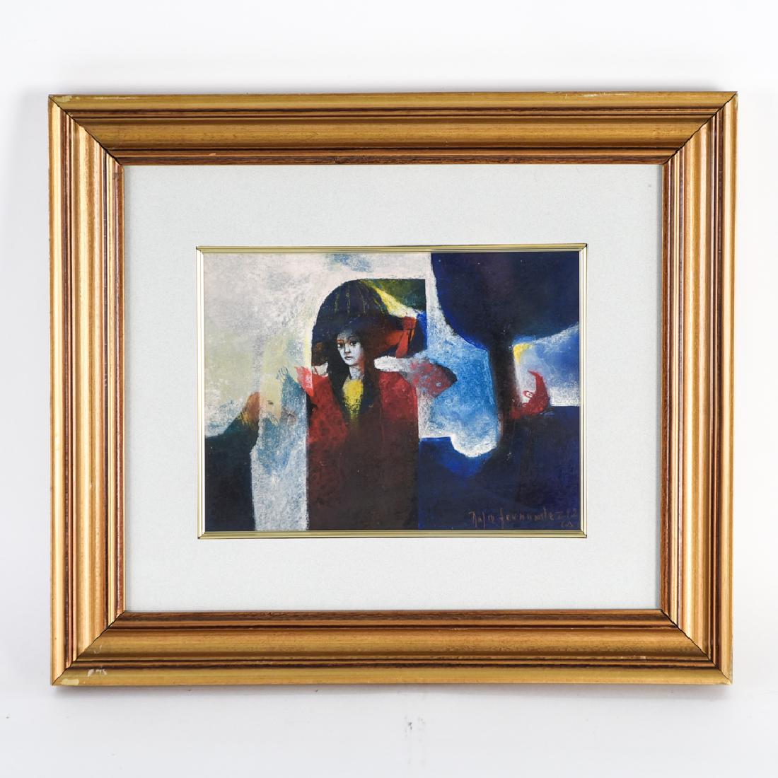 RAFAEL RAFA FERNANDEZ (COSTA RICAN, B. 1935): Patel of Woman with figures and boat. Signed and dated 1992 Dimensions; (Frame) H 17.75" x W 20.50" (Sight) H 8.75" x W 11.50" Condition: few nicks to frame