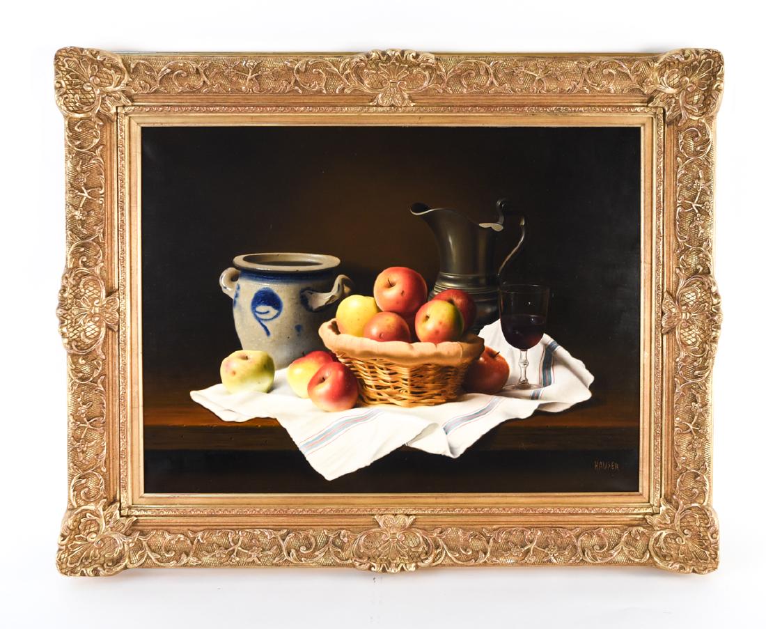 JEAN JACQUES HAUSER, FRENCH (CONTEMPORARY): Oil on canvas still life, photo realist signed lower right. From the Wally Findlay Galleries, with label on backing. Dimensions: (Frame) H 29" x W 36.50" (Canvas) H 21.50" x W 28.75" Condition: No iss