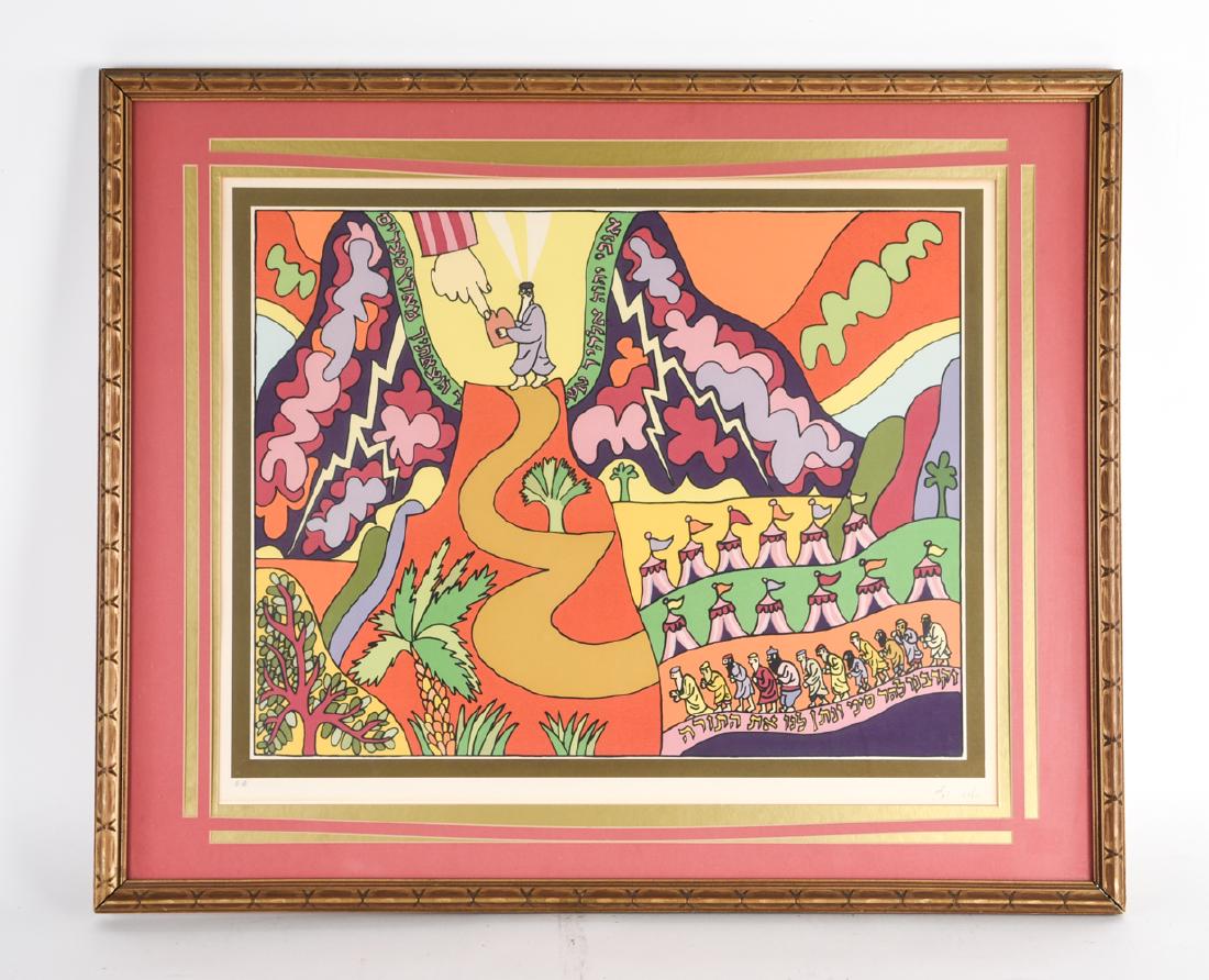 ISRAELI COLOR SERIGRAPH SIGNED , NUMBERED: Large and colorful, with moses receiving the ten commandments, signed in Hebrew in lower right , Noted E, A lower left Dimensions: (Frame) H 27.75" x W 33.75", (Sight) H 20.25" x W 25.25" Condition; c
