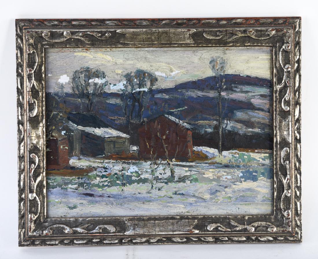 PENNSYLVANIA IMPRESSIONIST OIL ON MASONITE: Indistinctly signed lower right. C. 1920s. In period carved and silvered frame. Frame with name Horace Brown. Dimensions: (Frame) H 15.25" x W 19.25" (Panel) H 11.75" x W 16" Condition: Painting with 