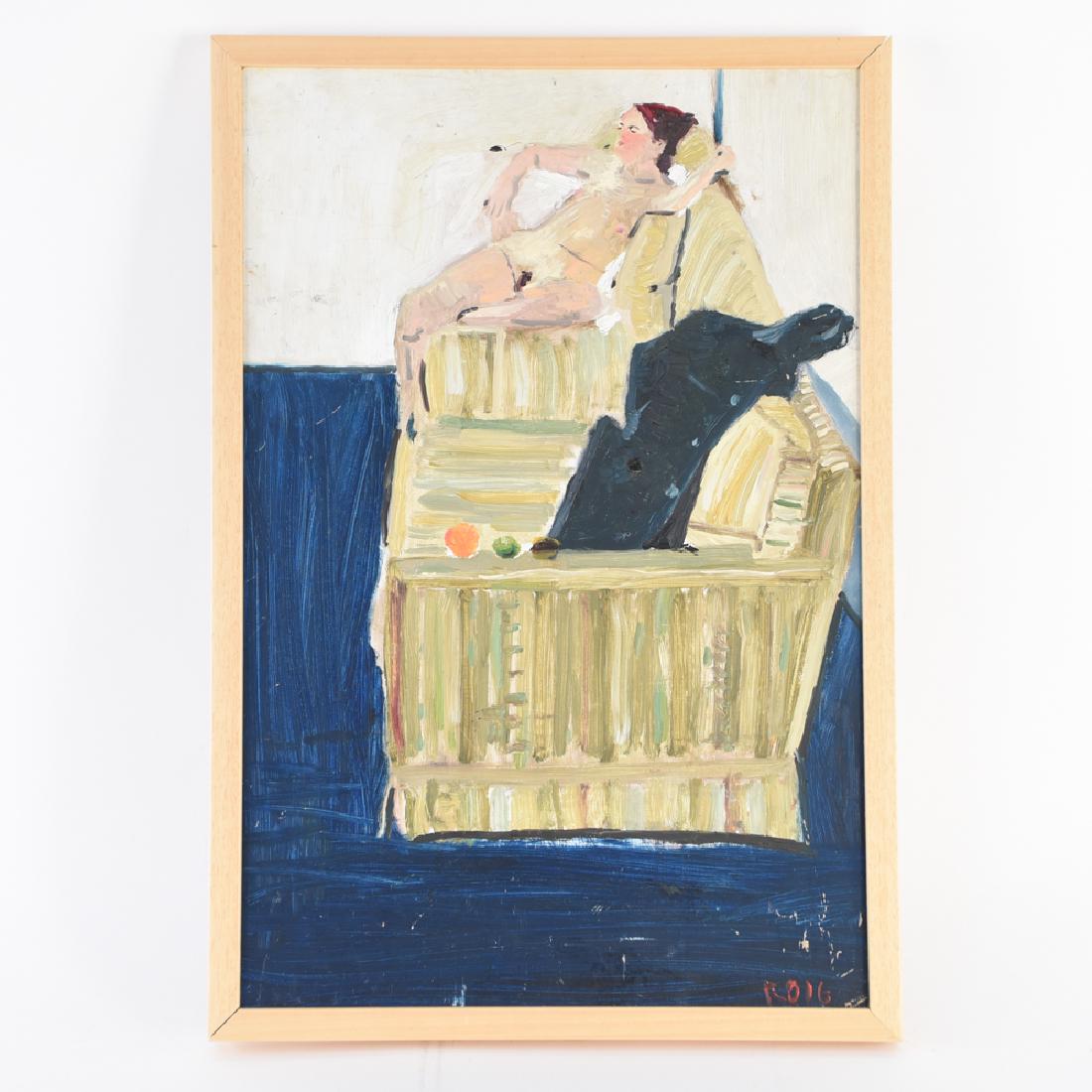 MODERN ABSTRACT NUDE SIGNED ROIG: Modern nude on sofa. Signed lower right. Dimensions: (Frame) H 25.25" x W 17.25" (Panel) H 24" x W 15.75" Condition: Some surface soiling and scrapes.
