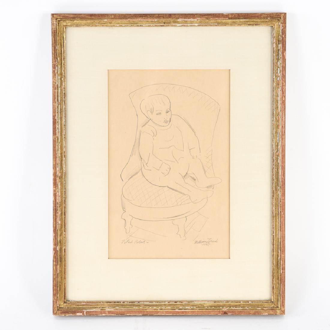WILLIAM ZORACH (1877-1966) 1927 PENCIL DRAWING: Drawing of a child in a chair, signed and dated 1927 lower right and dedicated lower left to Paul Robert Dimensions: (Frame) H 16.5" x W 12.75", (Sight) H 10.75" x W 6.75" Condition: paper is age tone