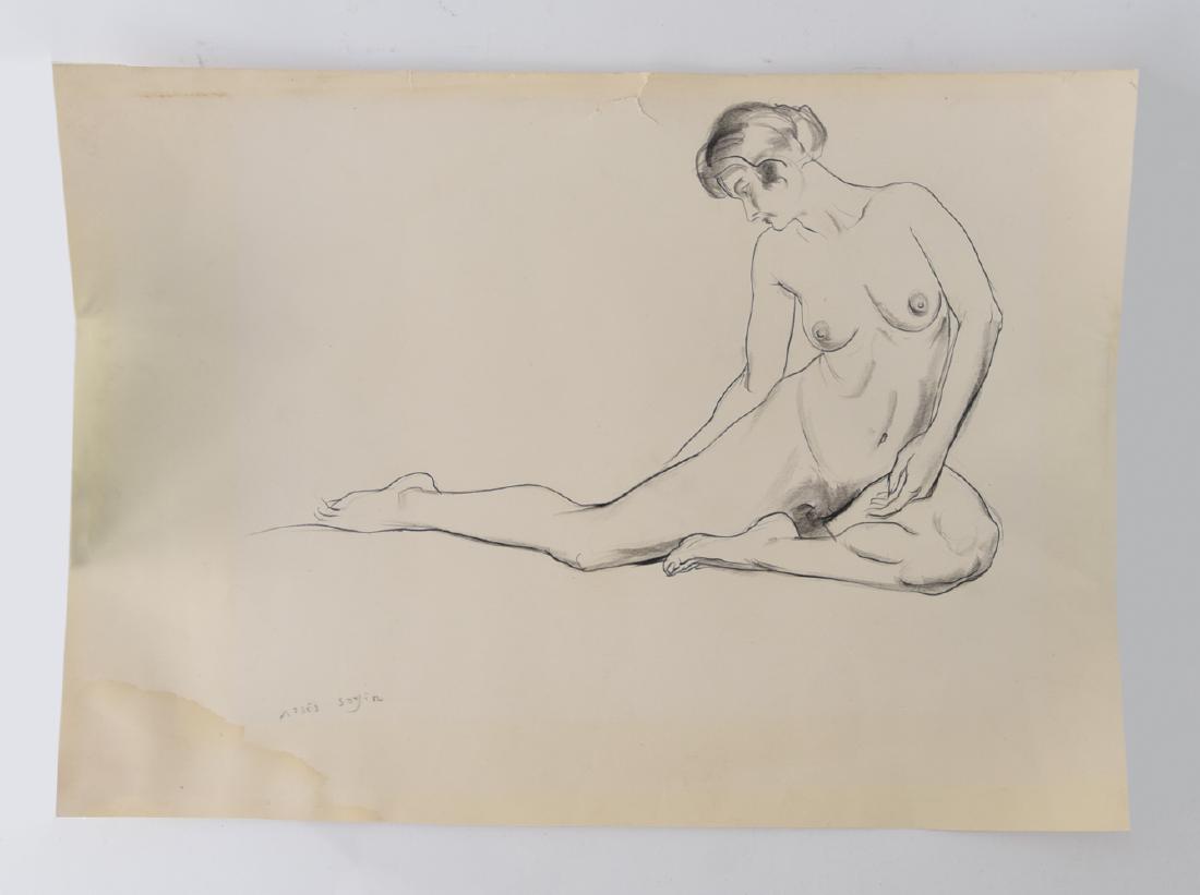 MOSES SOYER, RUSSIAN / AMERICAN (1899 - 1974): Pencil drawing of nude signed lower left Dimensions: H 11.75 x W 16.5 Condition: water stain lower left corner, tears upper center, some toning.