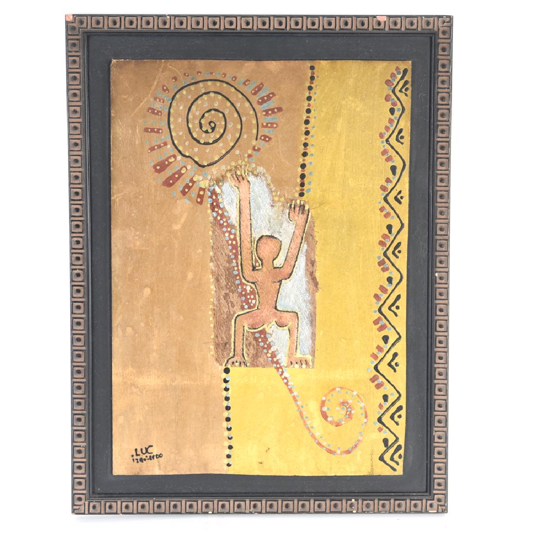 AUSTRALIAN ABORIGINAL C. 1960/70S MODERNIST: Oil and collage on board. Signed lower left. Dimensions: (Frame) H 19.75" x W 15" (Sight) H 16.50" x W 11.50" Condition: Dirty surface. Shallow surface scrapes. Small frame losses.