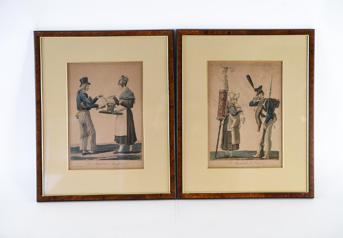 (2) EARLY 19TH C. HAND COLORED ENGRAVINGS: Carl Vernet. Dimensions: (Frame) H 22" x W 18" (Sight) H 13.75" x W 9.75" Condition: Paper toned. Some stains. Faded.
