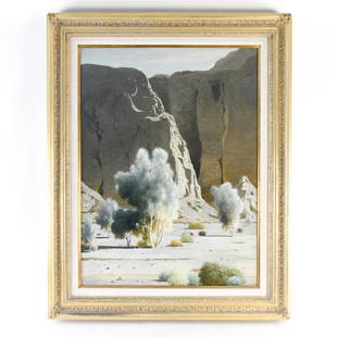 JAMES SWINNERTON, CA (1875 - 1974) LARGE DESERT OC: Large oil on canvas CA desert view signed lower right. Well framed. Dimensions: (Frame) H 50" x W 40" (Painting) H 40" x W 30" Condition: No issues to note