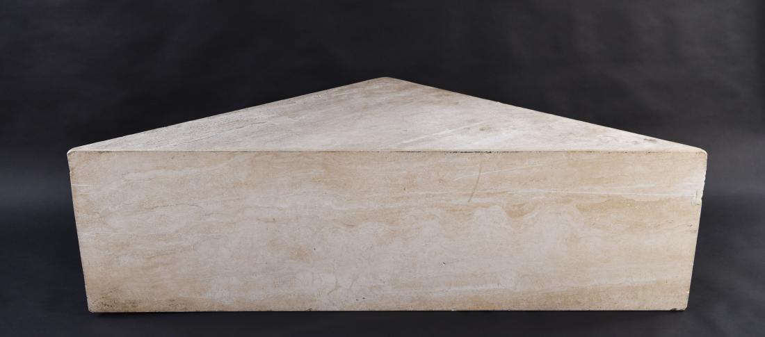 TRAVERTINE CORNER TABLE: Dimensions: H 15.75" x W 55.25" x D 27.25" Condition: Chips, scratches, and marks.