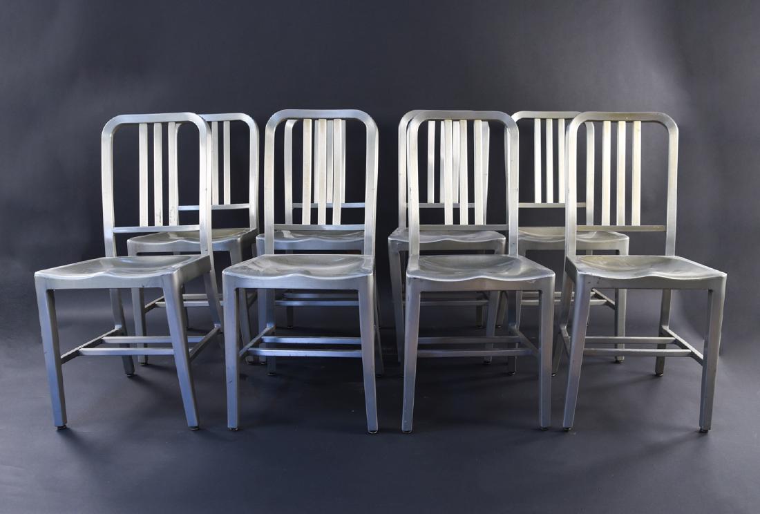 (8) GENERAL FIREPROOFING GOODFORM ALUMINUM CHAIRS: Tagged underneath "General fireproofing company" Dimensions: H 34.25" x W 16" x D 20" SH 18" Condition: Showing light overall wear consistent with age and use. Some scuffs and scratches.