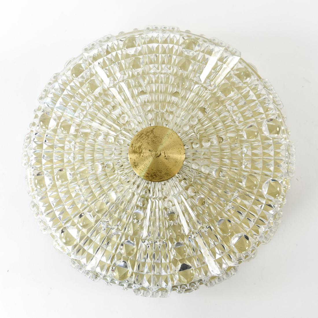 PENDANT CHANDELIER BY CARL FAGERLUND FOR ORREFORS: Dimensions: H 3.5" x Dia. 15" Condition: Showing some brass finish wear to the cap that secures the glass shade to the fixture. Wear consistent with age and use. D009