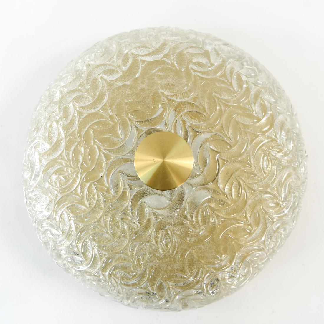 CARL FAGERLUND FOR ORREFORS PENDANT CHANDELIER: Dimensions: H 4.25" x W 16" x D 16" Condition: Showing light finish wear to the brass cap screw that secures the glass to the fixture. Not tested. Wear consistent with age and use. Minor losses. Minor