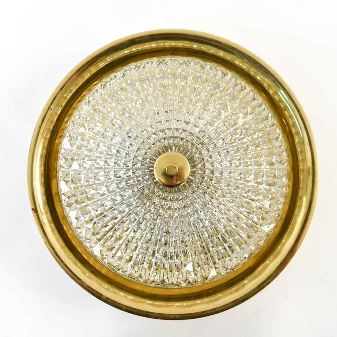 ORREFORS, LYFA BRASS & GLASS FLUSH MOUNT FIXTURE: Dimensions: H 6" x W 15" x D 15" Condition: Showing light finish wear to the brass. Tested: functional. Wear consistent with age and use. D063