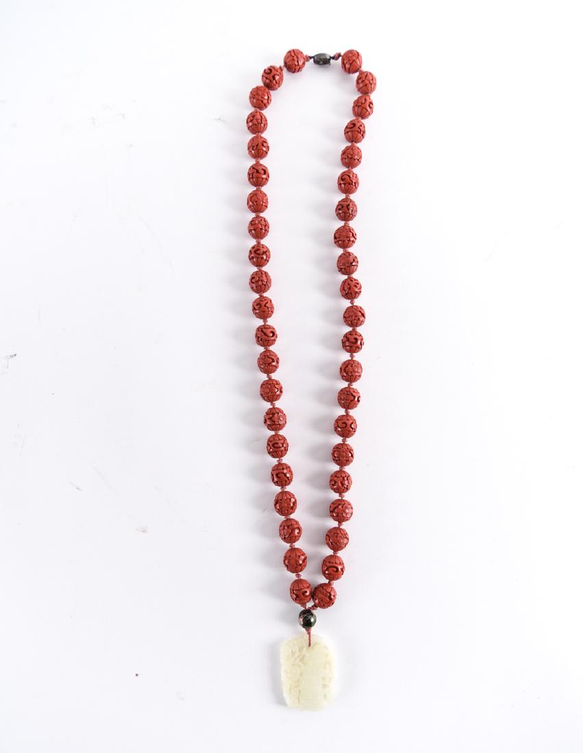 CHINESE CARVED BEAD & JADE PENDANT NECKLACE (1 of 10)