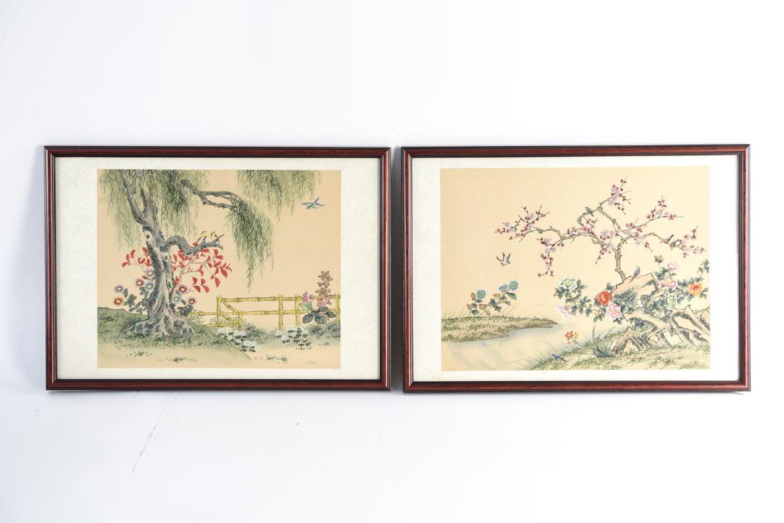 PAIR OF 20TH C. CHINESE WATERCOLORS: Unsigned. Silk mounts. Dimensions: (Frame) H 14.75" x W 20.75" Condition: Few light spots to mounts. Provenance: From the estate of descendants of George W. De Long, Lt. Commander of the Jeannette Arc