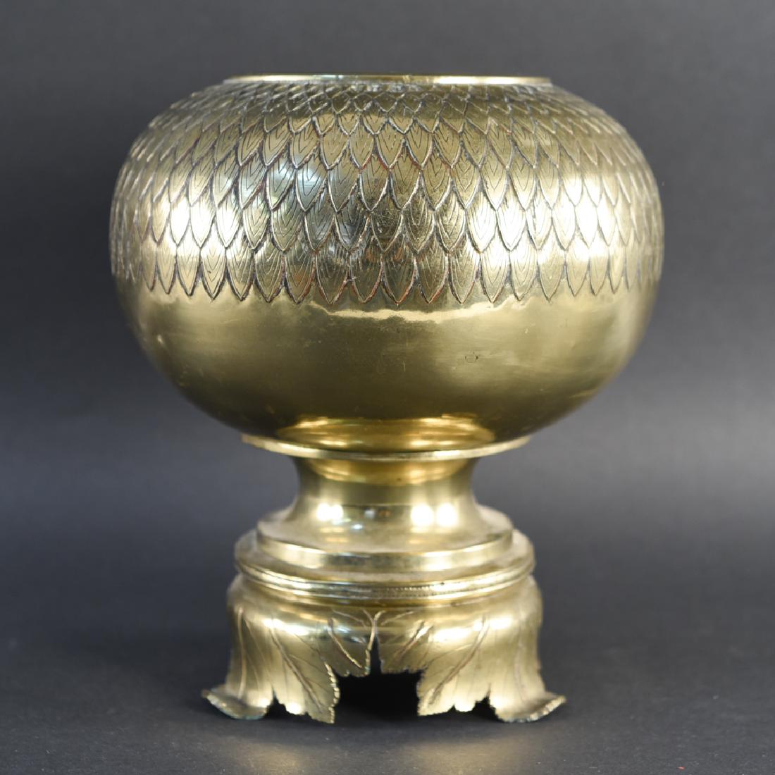 ANTIQUE ASIAN HEAVY BRASS OR BRONZE CENSER: With feather motif. Probably Southeast Asian. Dimensions: H 11.5" x Dia. 10" Condition: Cover lacking. Dented side. One foot repaired and replaced. Other small surface dings.