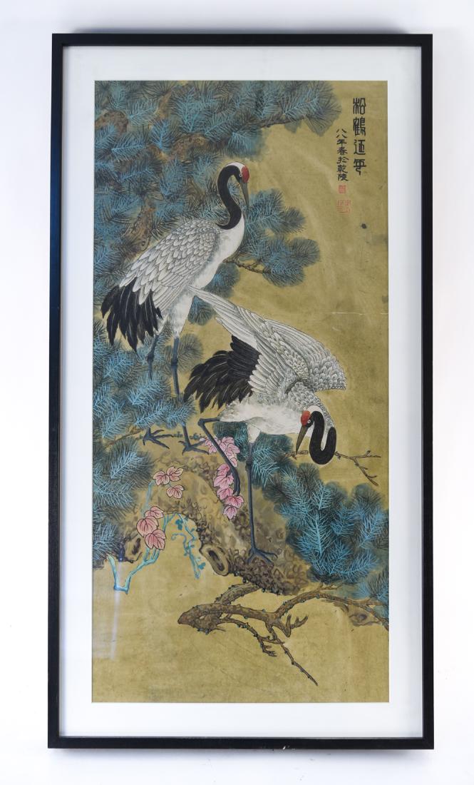MODERN KOREAN PAINTING: Cranes and pine with inscription upper right. Dimensions: (Frame) H 45" x W 44", (Sight) H 39" x W 18.5" Condition: Wrinkles. With breaks in the paper.