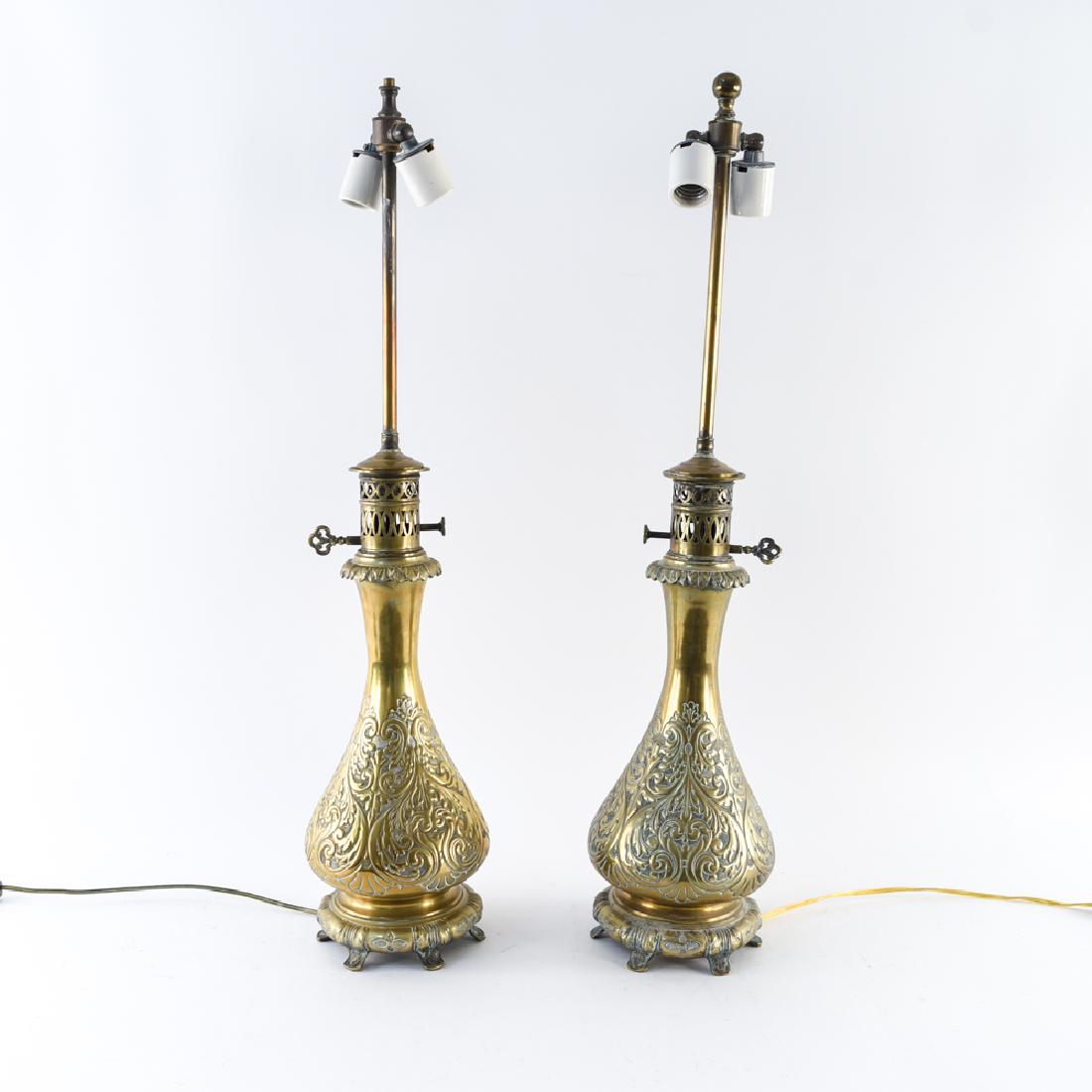 PAIR MIDDLE EASTERN HAMMERED BRASS VASES AS LAMPS (1 of 12)