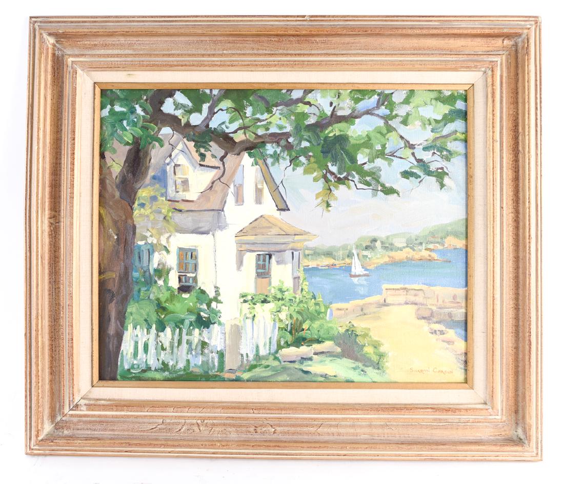OIL ON CANVAS SIGNED SHARON CARSON: Signed lower right. Dimensions: (Frame) H 23.75" x W 27.5", (Sight) H 15.5" x W 19.75" Condition: Dent to canvas. Some frame wear.