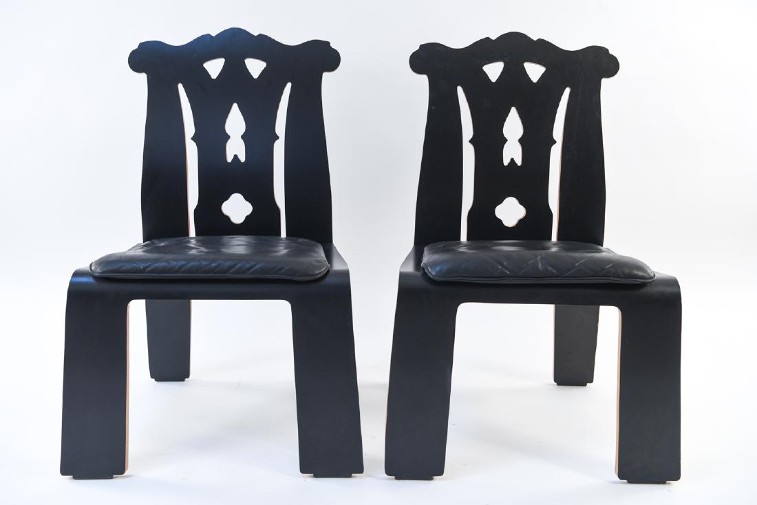 PAIR ROBERT VENTURI KNOLL CHIPPENDALE SIDE CHAIRS: 1980s. For Knoll International. Label underneath one chair. Dimensions: H 37.25" x W 21" x D 21.75" x SH 17" Condition: Few scuffs, minor chips to wood. Wear consistent with age and use. Some separati
