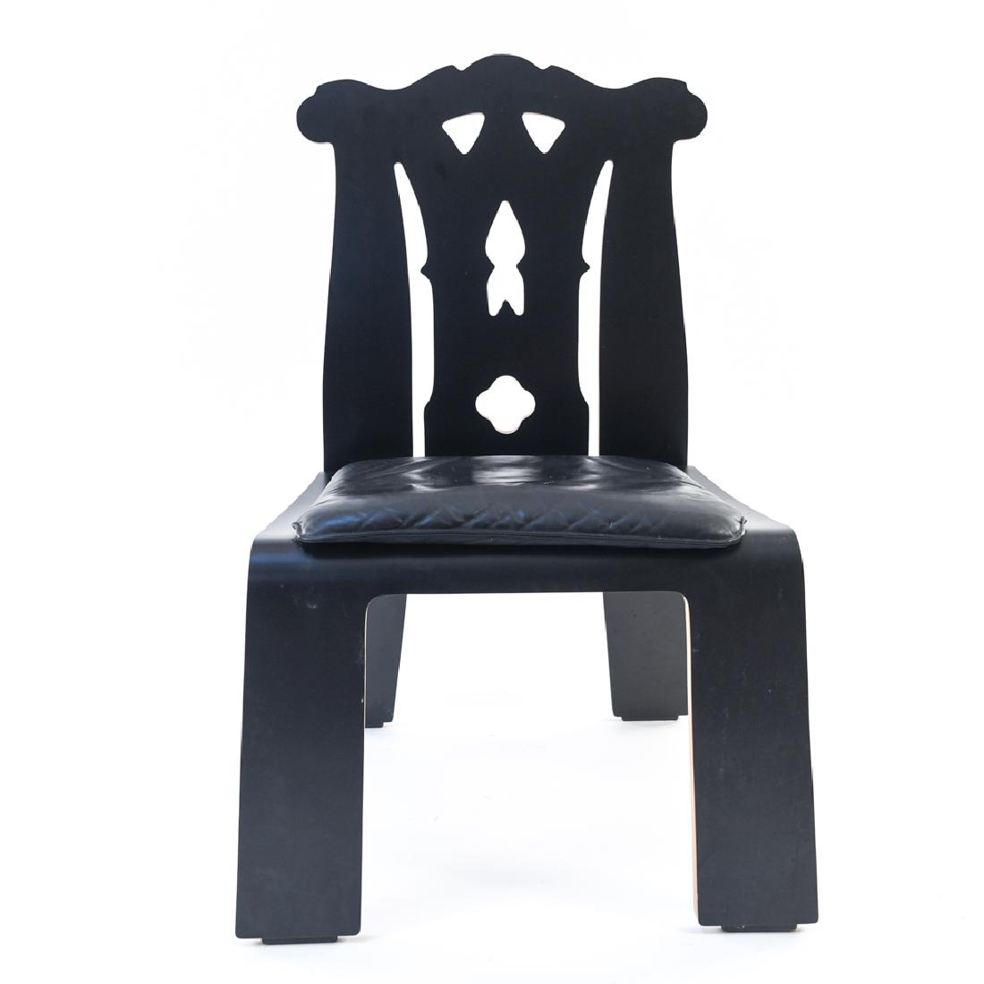 ROBERT VENTURI FOR KNOLL "CHIPPENDALE" SIDE CHAIR: 1980s For Knoll International. Label underneath. Dimensions: H 37.25" x W 21" x D 21.75" x SH 17" Condition: Few scuffs, minor chips to wood. Wear consistent with age and use.