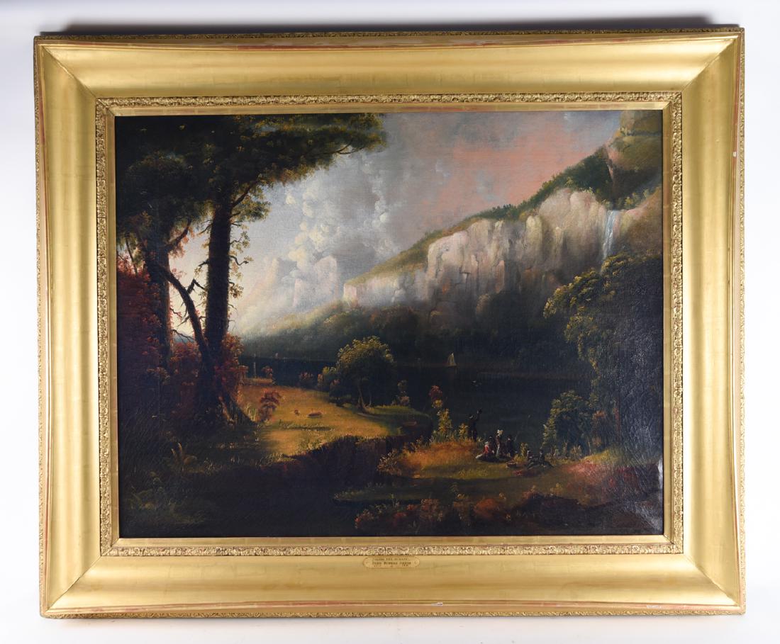 JOHN RUBENS SMITH (1775 - 1849) HUGE LANDSCAPE: "Along the Juanita" oil on canvas, by artist John Rubens Smith who was a master painter and engraver. The painting is part of the famous Hudson River School art movement whose aesthetic vision was inf